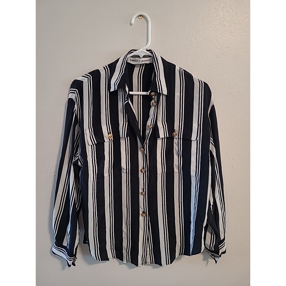 Eleanor P Brenner Womens‎ S Blouse 100% Silk Black & White Stripe Gold Buttons